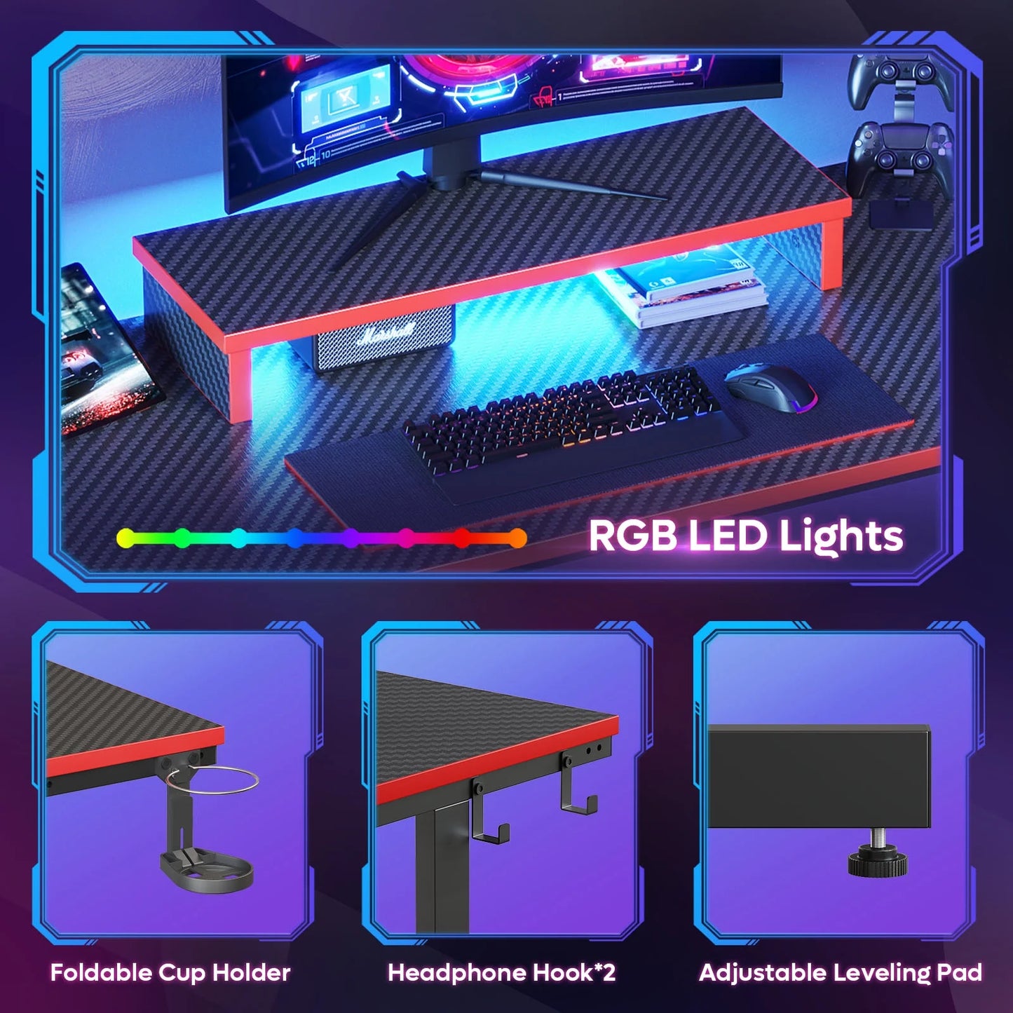 42" Gaming Desk PC Computer Office Gamer Table Desk with LED Lights & Monitor Stand in Red