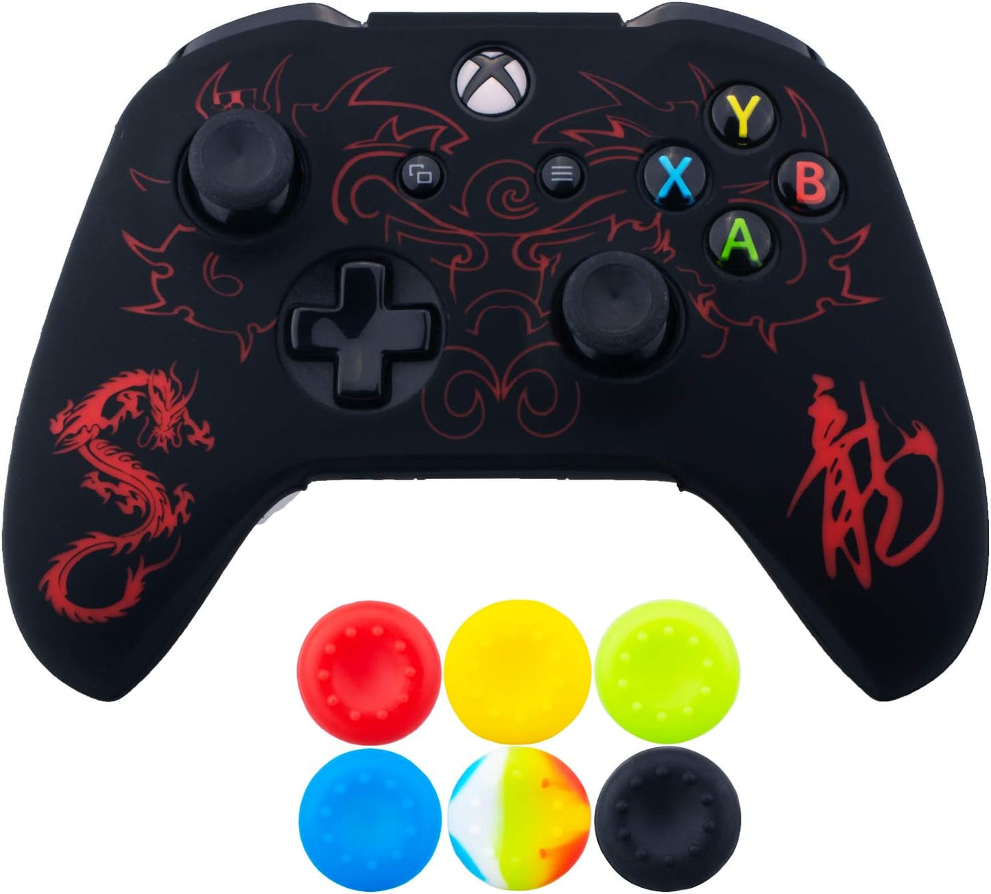 1 X Silicone Laser Carving Protective Cover Skin + 6 Thumb Grips for Xbox One S/X Controller Loong Red