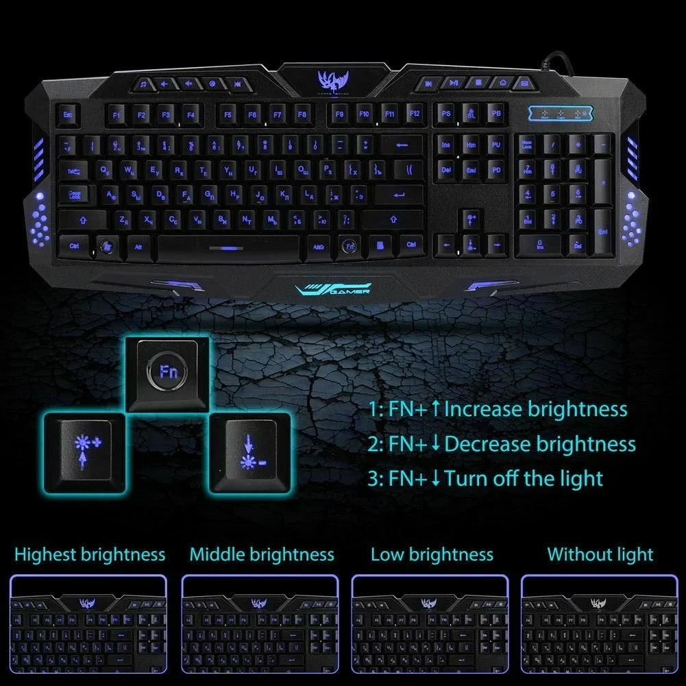 3 Colors LED Backlit Illuminated Gaming Keyboard and Colorful Mouse Set USB Illuminated for PC Gamer