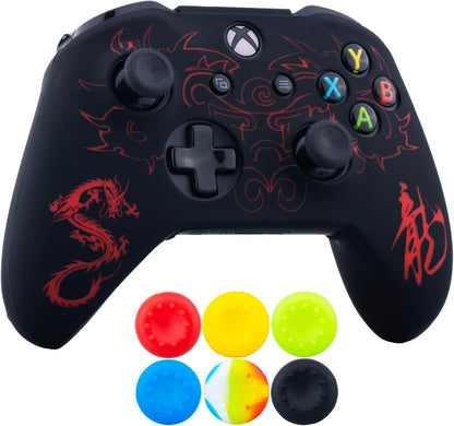 1 X Silicone Laser Carving Protective Cover Skin + 6 Thumb Grips for Xbox One S/X Controller Loong Red