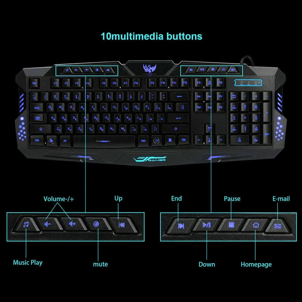 3 Colors LED Backlit Illuminated Gaming Keyboard and Colorful Mouse Set USB Illuminated for PC Gamer