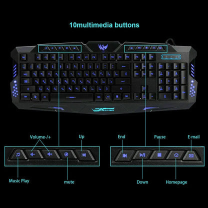 3 Colors LED Backlit Illuminated Gaming Keyboard and Colorful Mouse Set USB Illuminated for PC Gamer